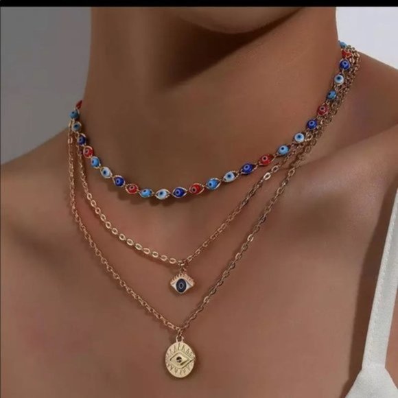 New Silver Tone Layered Evil Eye Necklace, - Picture 2 of 3